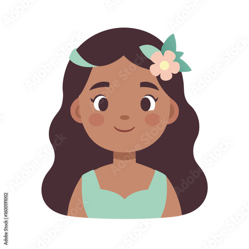 Cartoon Portrait Of A Sweet Hawaiian Girl With Flower Lei