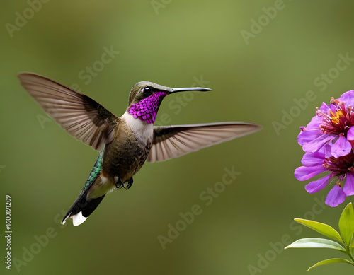 Pink flower and hummingbird. Colombian brown Inca, Coeligena wilsoni, flying close to a purple flower. The bird in the garden is in bloom. wildlife scene in the wild. a creature in a tropical forest.