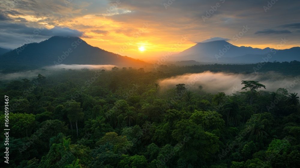 Obraz premium Untouched jungle landscape with mountain backdrop in Central Africa, cloudy sunset,