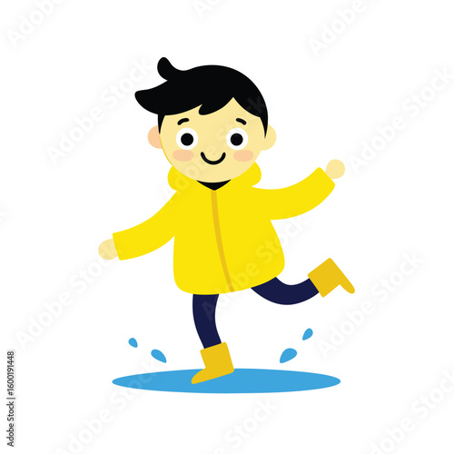 Cartoon Of A Boy Jumping In A Puddle With Rain Boots
