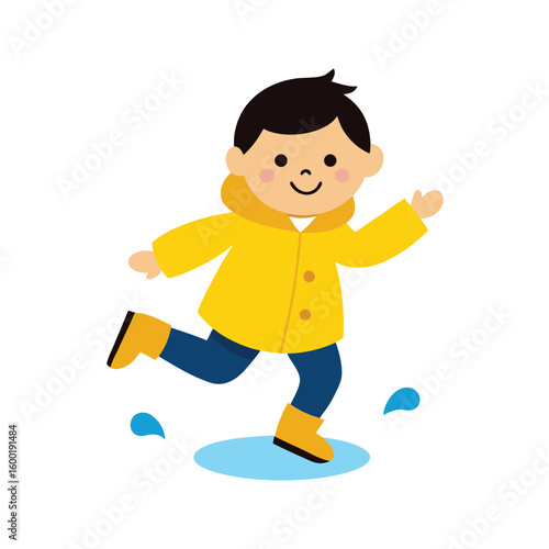 Cartoon Of A Boy Jumping In A Puddle With Rain Boots