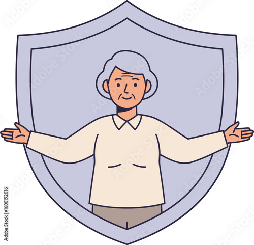 Illustration of an elderly woman with open arms, centered within a shield shape, conveying protection or security.
