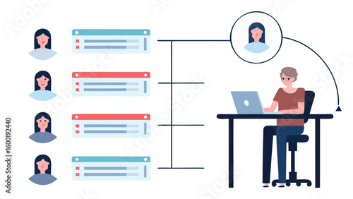 A person working on a laptop with a virtual meeting and charts with progress of the team members shown here