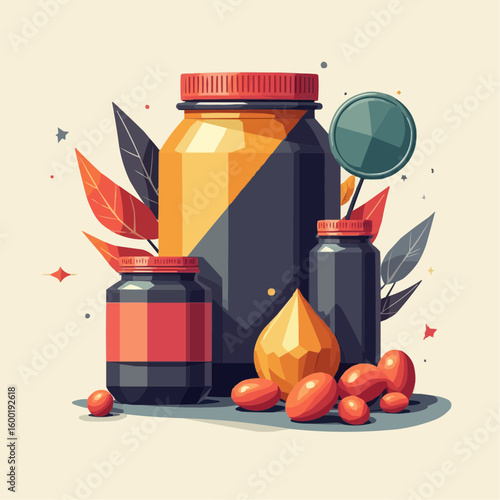 Geometric vector abstract supplement pack with jars and almonds  