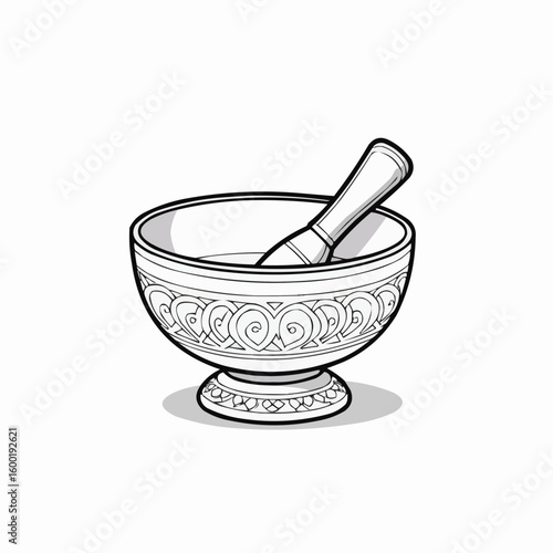 Detailed line art vector of a singing bowl with wooden striker  