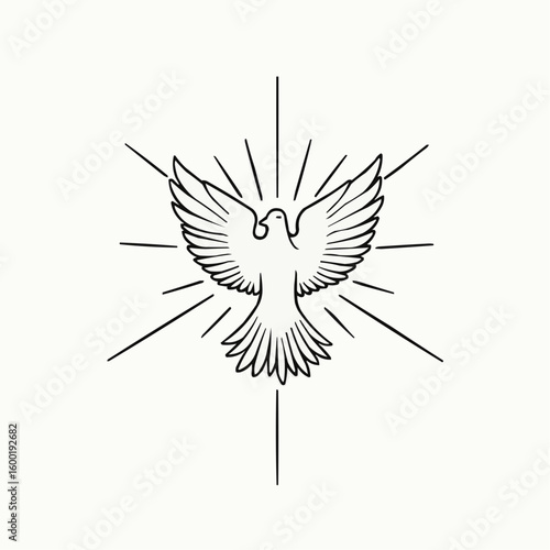 Line art vector of a descending dove with rays, thin black strokes  