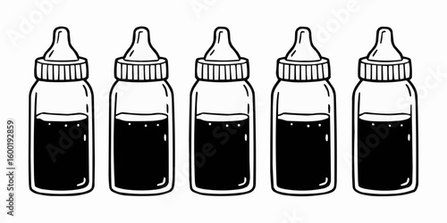 Five baby bottles filled with dark liquid arranged in a row on a white background drawing style