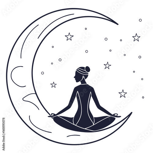 Dark blue silhouette of a woman meditating on a crescent moon with stars meditation yoga