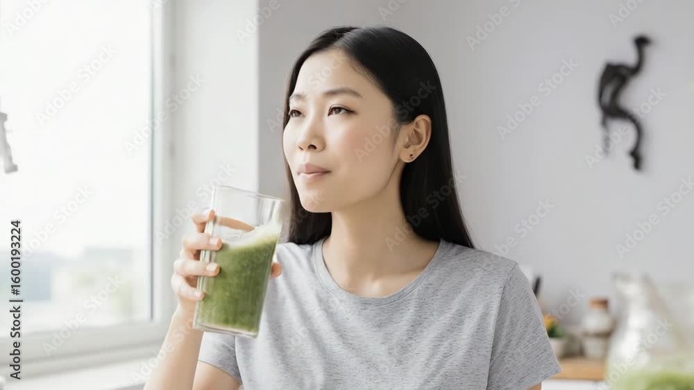 Young Asian woman drinking green smoothie for healthy lifestyle at home Young Asian woman drinking green smoothie for healthy lifestyle at home