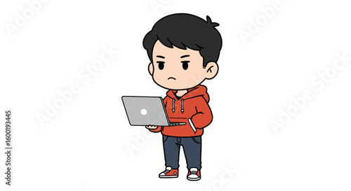 A cartoon boy in a red hoodie stands holding a laptop with a serious, focused expression.