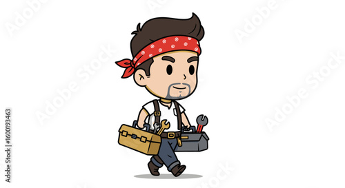 A friendly cartoon handyman with a red bandana and tool belt walks while carrying two toolboxes.