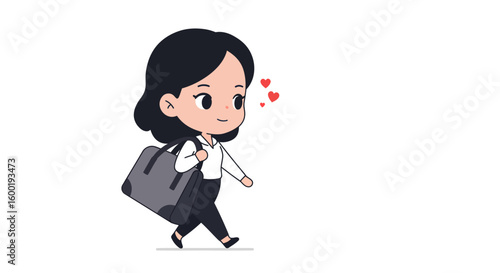An adorable chibi-style woman with dark hair cheerfully walking while carrying a large shoulder bag, with floating red hearts indicating happiness.