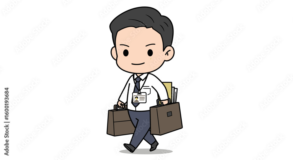 A stylized cartoon of a man in business attire, carrying two briefcases and walking with purpose. A stylized cartoon of a man in business attire, carrying two briefcases and walking with purpose.
