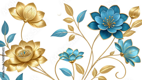 Golden and blue lotus flowers with leaves on black background 3d render floral