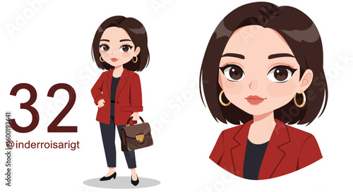 Cartoon illustration of a stylish woman in a red blazer holding a briefcase, with a close-up of her face on the right.