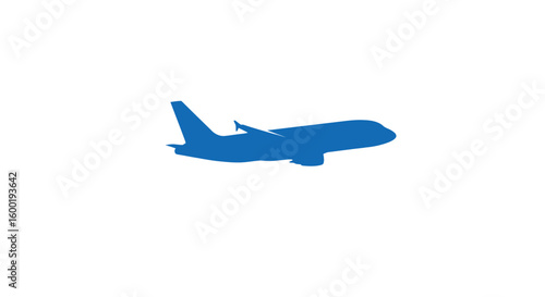 Blue airplane silhouette flying against a dark transparent background, creating a modern and simple design suitable for travel industry or aviation themed marketing.