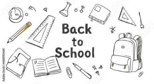 Back to school themed supplies, outlined in bright colors, are floating against a dark backdrop to create a fun and educational themed design for background or decoration.