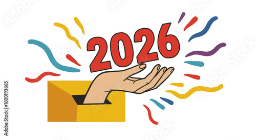 Illustrative art shows red 2026 floating above a hand emerging from a yellow box with vibrant confetti, creating a festive mood and graphic design appropriate for new year announcements.