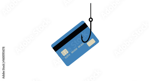 Blue credit card is hooked by a sharp black fishing hook against a solid black backdrop, conveying a warning message and perfect for illustrating financial risks or phishing scams.