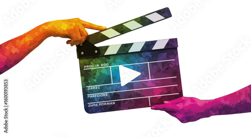 Hands holding an open movie clapperboard with multicolored abstract design against a transparent background suggests film making, media production, and creative video projects.