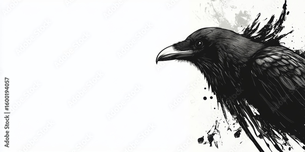Fototapeta premium A black crow with its beak open is the main focus of the image. The background is white, which creates a stark contrast with the dark bird. Concept of mystery and intrigue