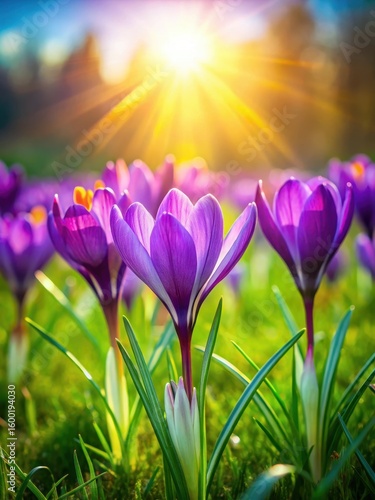 Vibrant purple crocus flowers blooming in a lush green meadow under bright sunlight with warm and gentle hues