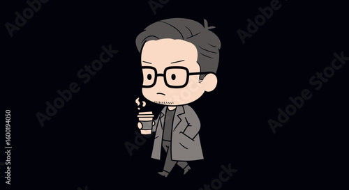 A serious chibi cartoon man with glasses and a coat walks while holding a steaming cup of coffee.
