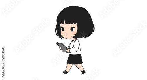 A chibi anime girl in a uniform walking while looking at her tablet.