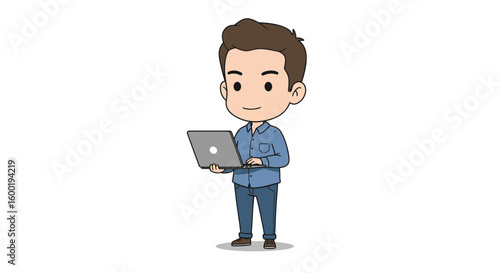 Cartoon illustration of a young man holding and using a laptop computer, smiling with a positive expression.
