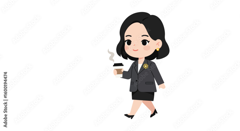 Cartoon woman in a business suit walks while holding a steaming cup of coffee. Cartoon woman in a business suit walks while holding a steaming cup of coffee.