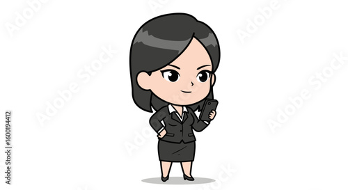 Confident businesswoman cartoon character using smartphone.