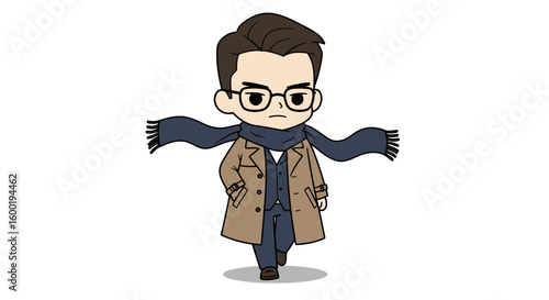 A chibi cartoon illustration of a serious man walking in a trench coat and blue scarf.