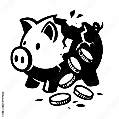 A black-and-white vector illustration of a piggy bank broken in half with coins spilling out, representing financial crisis, bankruptcy, and loss of savings.