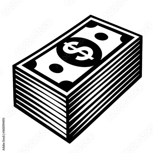 A black-and-white vector illustration of a neat stack of dollar bills, representing money, wealth, savings, and financial accumulation.
