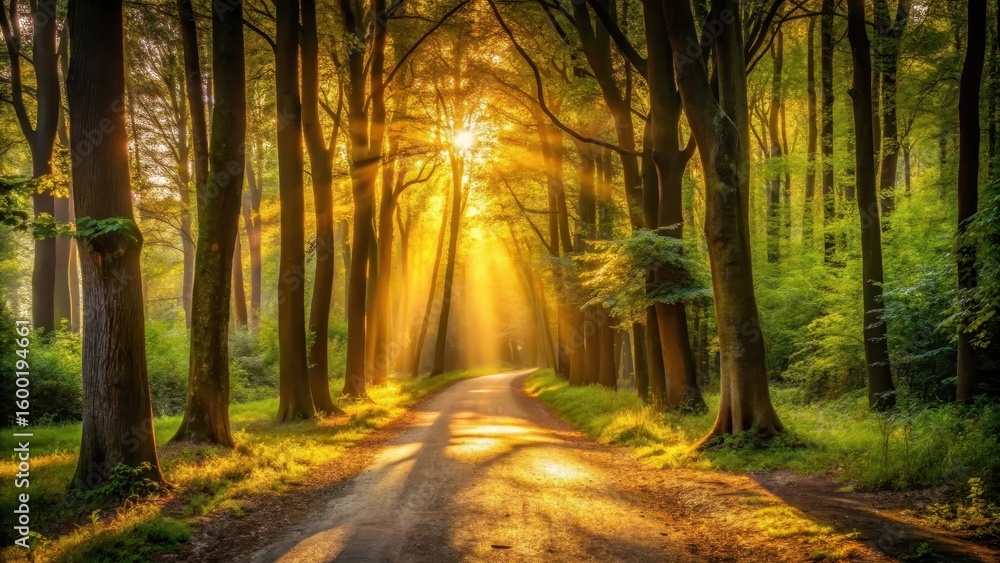 Fototapeta premium Soft golden light pours through trees casting dappled shadows on a forest path leading into darkness
