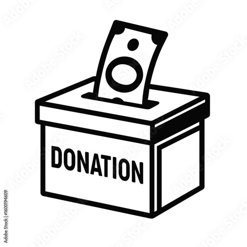 A black-and-white vector illustration of a donation box with money being placed inside, representing charity, giving, fundraising, and supporting social causes.