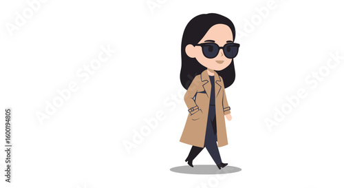 A stylish cartoon woman in a trench coat and sunglasses walking on a white background.