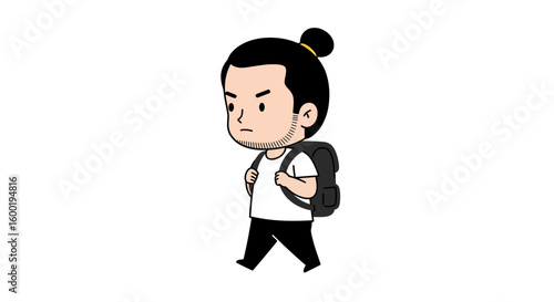 A cartoon illustration of a young man with a top knot hairstyle walking with a backpack.