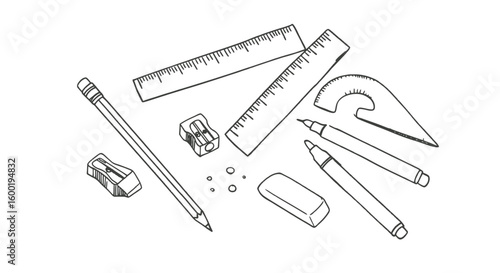 Stationery, including pencil, ruler, eraser and sharpener, are outlined against a transparent background, creating a minimalist, clean effect suitable for education and design-related projects.