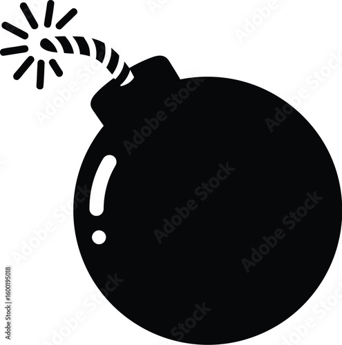 Classic Cartoon Bomb Icon with Lit Fuse, Danger Symbol