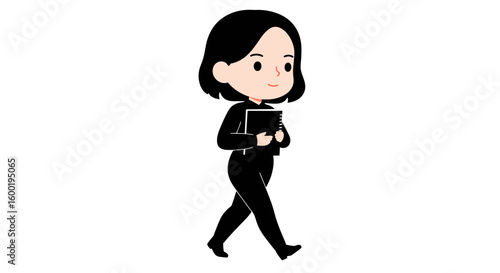 A cartoon illustration of a woman with short black hair, dressed in black, walking and holding a book.