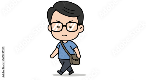 A cheerful cartoon man walks, carrying a messenger bag.