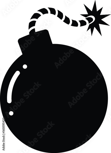 Classic Cartoon Bomb Icon with Lit Fuse, Danger Symbol