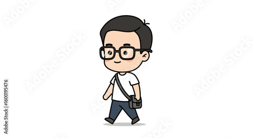 A cheerful, stylized cartoon of a young man with glasses walking confidently, carrying a small bag across his shoulder.