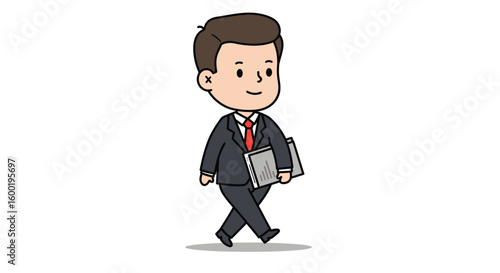 A cheerful cartoon businessman in a suit and tie walks confidently while carrying a folder, suggesting a professional on the go.
