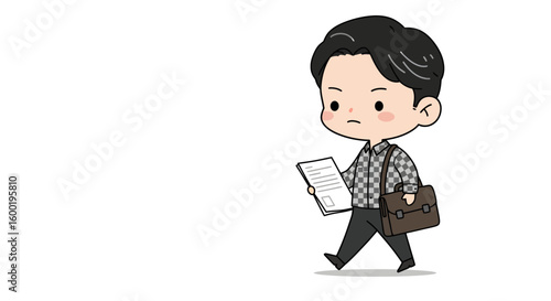 A cartoon illustration of a young man walking with a serious expression, reading a document and carrying a briefcase.
