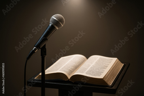 Bible with Microphone Symbolizing Preaching and Evangelism