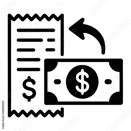 A vector illustration of a dollar bill with a reverse arrow next to a receipt, symbolizing a refund, cash back, or money return. The clean, modern graphic is perfect for finance, banking, and e-commer