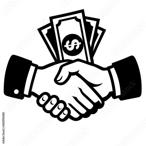 A vector illustration of a handshake with money in the background, symbolizing a financial deal, business agreement, or commercial transaction. The black and white graphic is ideal for business, finan
