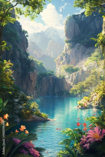 A beautiful mountain landscape with a river flowing through it